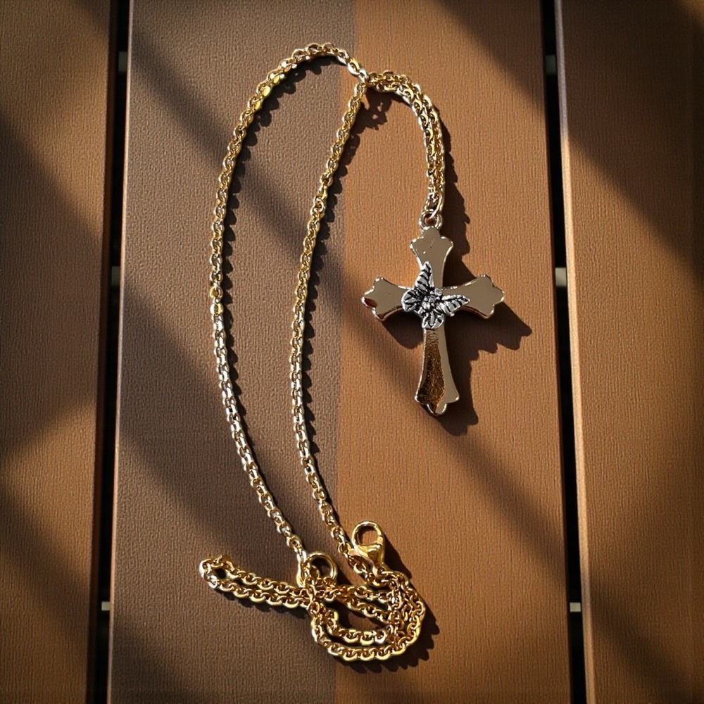 Gold and Silver Toned Cross and Butterfly Pendant Necklace - Picture 4 of 17